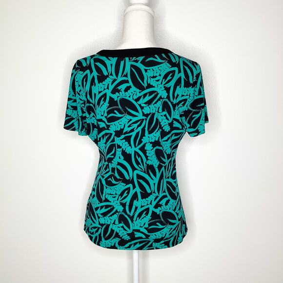 East 5th Black Green Leaf Print Jersey Blouse Top Medium - Picture 5 of 7